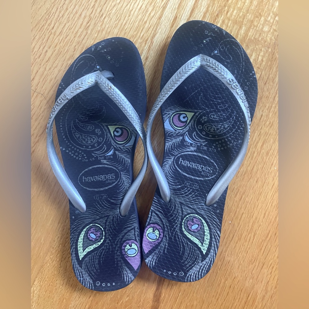 Navy with silver straps  peacock pattern flip flops